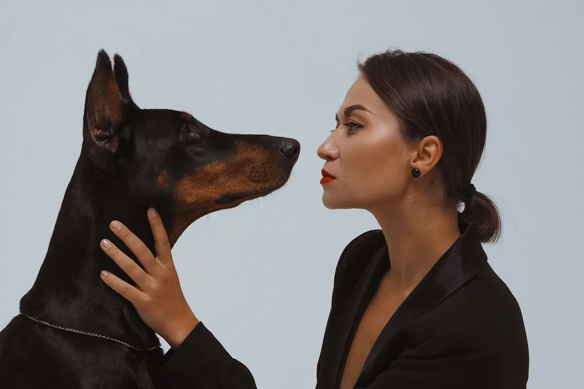 A woman and her dog sitting nose to nose on a sofa