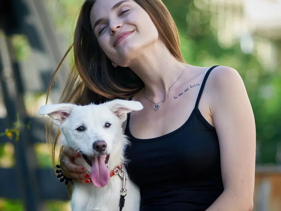 A woman hugging her dog in a sunny field